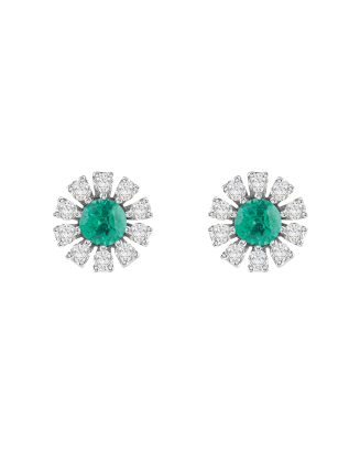 Brincos Margherita Ouro Branco Diamantes E Esmeraldas
