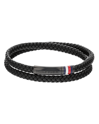 Pulseira dupla Homem em aço e pele preta