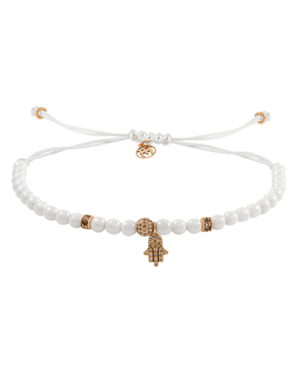 Pulseira Mini Hamsa Corda Branca, Ouro Rosa e Diamantes