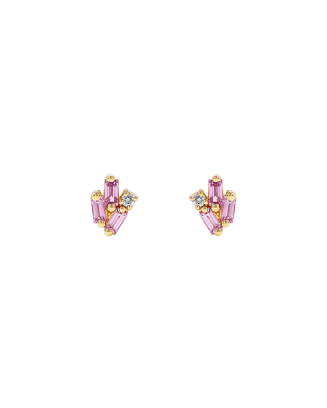 Brincos Ouro Amarelo, Safira Rosas e Diamantes