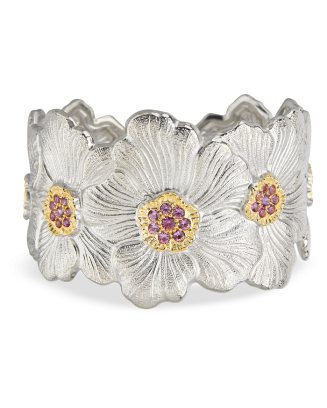 Pulseira Cuff Blossoms Prata com Safiras Rosa