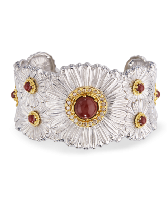 Pulseira Cuff Blossoms Prata com Diamantes e Jaspes Vermelho