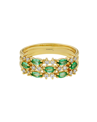 Anel Secret Bloom Ouro Amarelo, Esmeraldas e Diamantes
