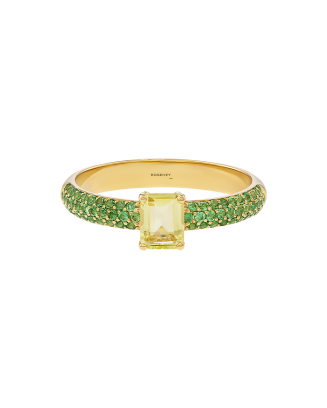 Anel Sweet Briar Ouro Amarelo, Quartzo e Tsavorite