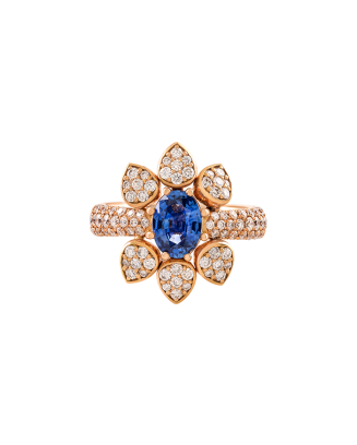 Anel Ouro Rosa, Diamantes E Safira Azul