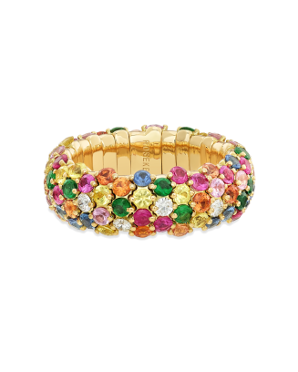 Anel Ouro Rosa Diamantes, Safiras Coloridas E Tsavorite
