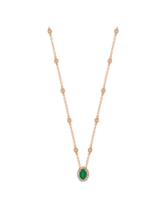 Colar Ouro Rosa, Esmeralda Oval E Diamantes