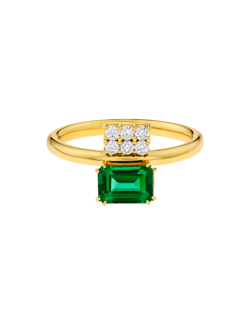 Anel Swallowtail Ouro Amarelo, Esmeralda e Diamantes