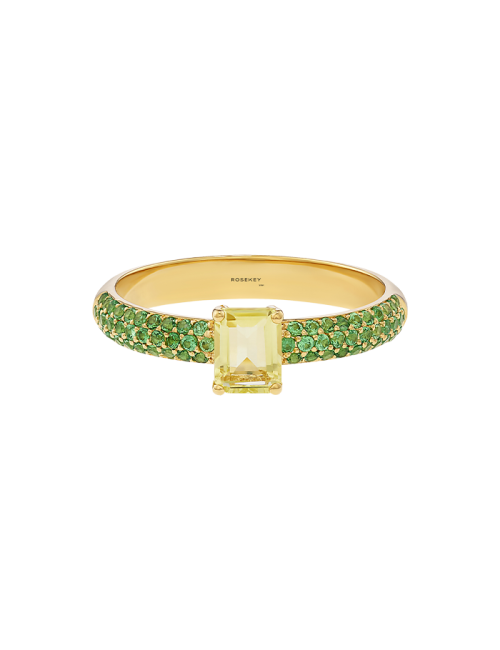 Anel Sweet Briar Ouro Amarelo, Quartzo e Tsavorite