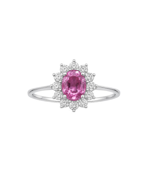 Anel Ouro Branco, Diamantes E Safira Rosa